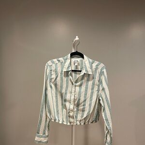 Future Collective Green and Cream Striped Button-up Cropped Shirt Women’s Size M